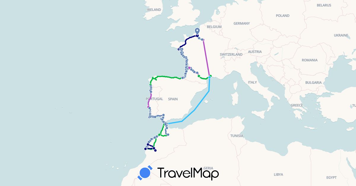 TravelMap itinerary: driving, bus, cycling, train, boat in Spain, France, Morocco, Portugal (Africa, Europe)